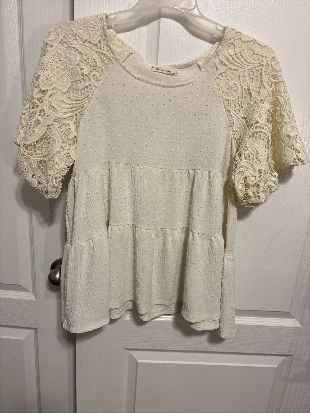 Ivory Lace Sleeve Tiered Peplum Blouse - Women